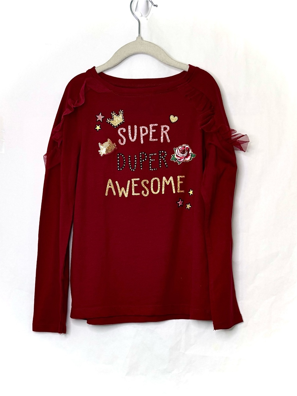 “Super Duper Awesome” Long Sleeve Shirt With Sheer Ruffles On sleeves